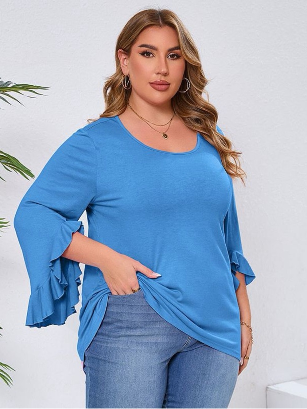 Kohl's Plus-Size Sky Blue Ruffle Sleeve Scoop Neck Top